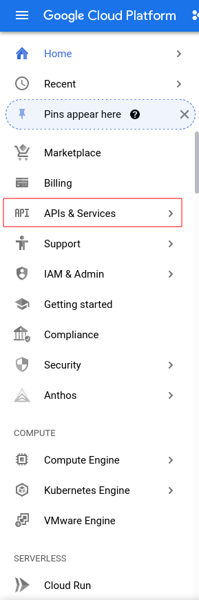 APIs and Services menu