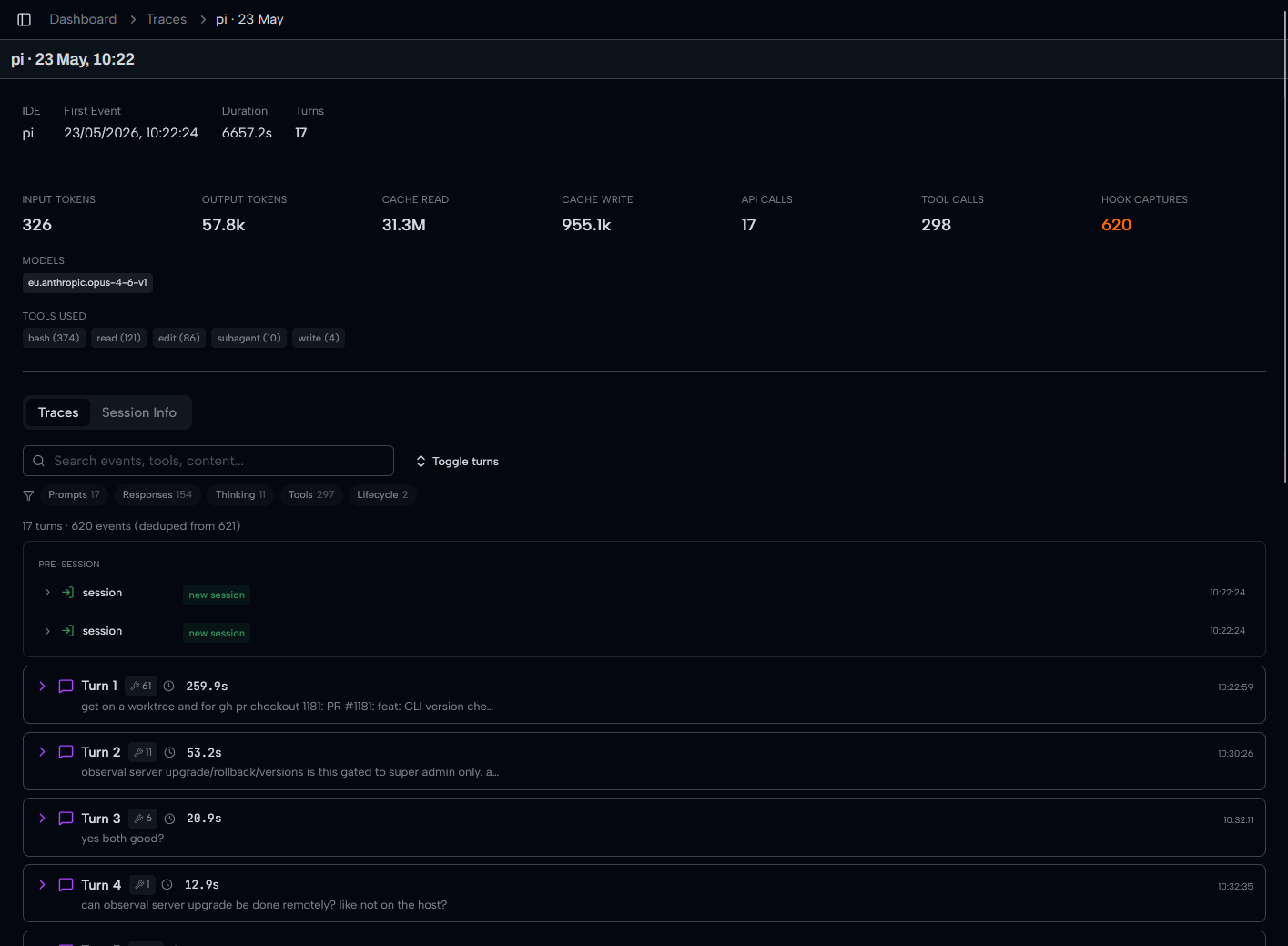 Session detail showing tokens, tools, models, and turns