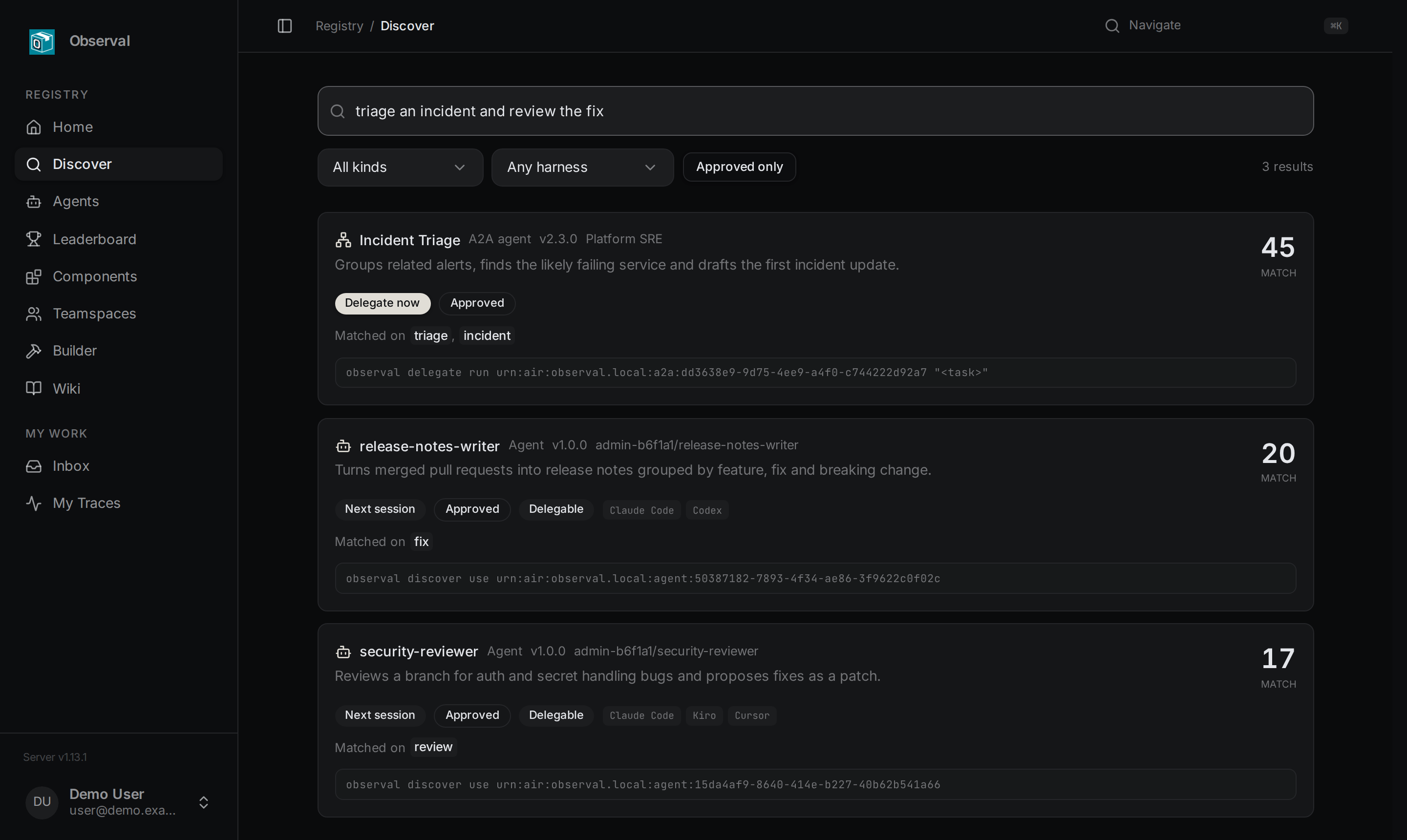 Discover page showing a delegable registry agent and a remote A2A agent