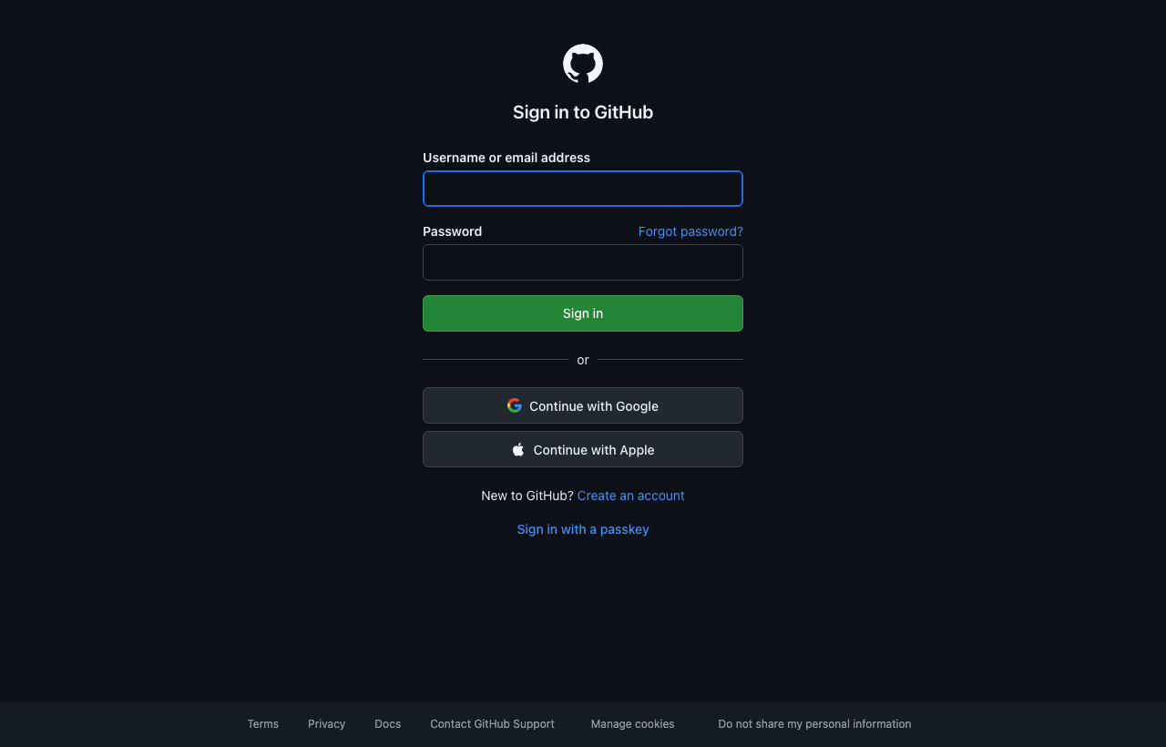 Screenshot of GitHub's login page — a form with email/password fields and 'Continue with Google/Apple' buttons, no article content