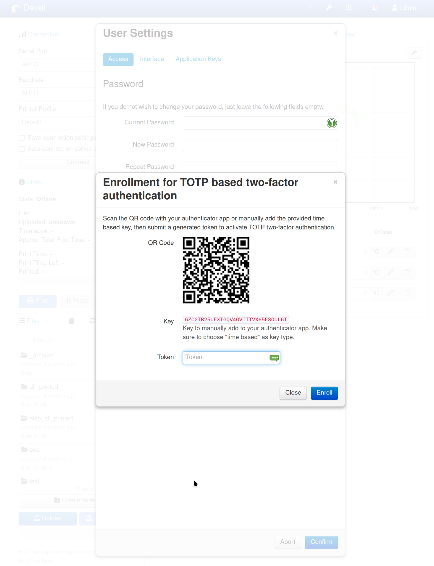 Screenshot of the enrollment dialog, showing a QR Code to scan with an authenticator app and asking for a first token to be entered to confirm enrollment.