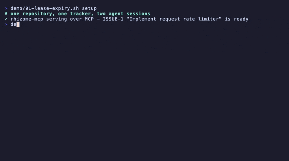 Two agent sessions on one issue: the second claim is denied with ACTIVE_ATTEMPT_EXISTS, the first agent dies, its lease expires, and the second session claims the issue and resumes from the checkpoint
