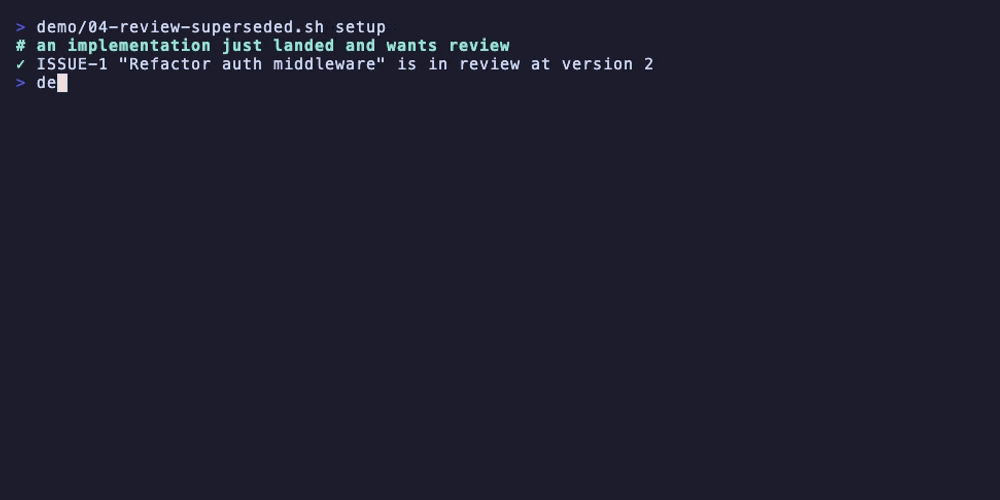 A review request pinned to version 2 refuses approval after the issue moves to version 3; replace_review_request supersedes it into a successor pinned to the new version