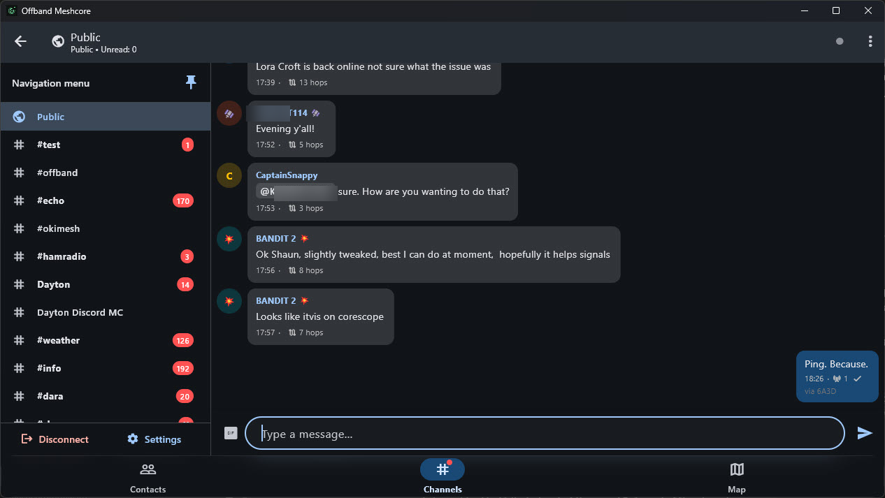Offband Meshcore 1.2.0 on Windows: the redesigned interface with the navigation rail pinned open alongside a channel