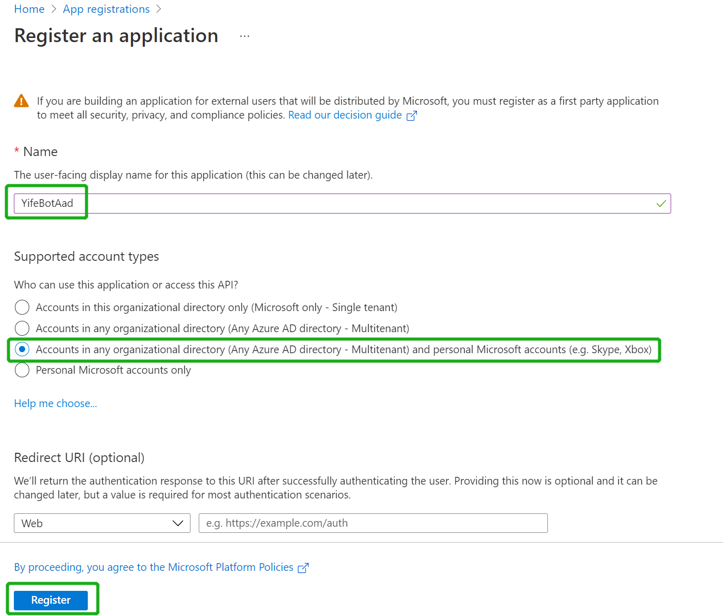 App Registration Organization