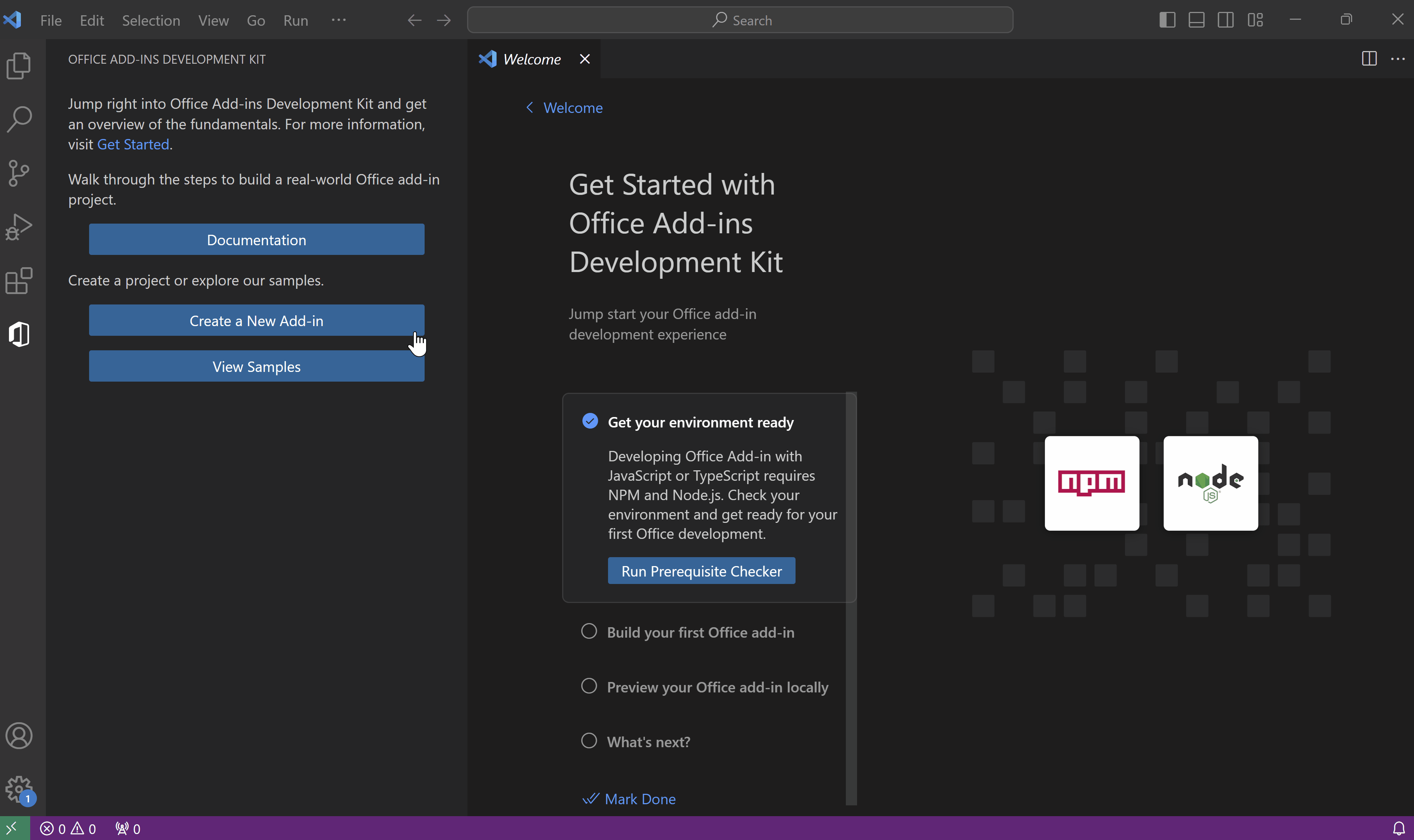 The process of using the Office Add-ins Development Kit to create a new add-in. The animation shows a cursor selecting the 'Create a New add-in button', then choosing options for an Excel add-in with a task pane, written in JavaScript.