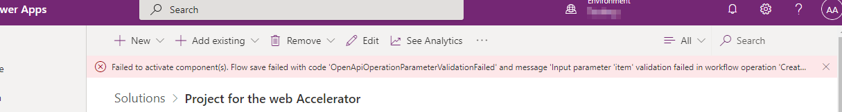 Failed to activate component(s). Flow save failed with code OpenApiOperationParameterValidationFailed and message Input parameter item' validation failed in workflow operation...