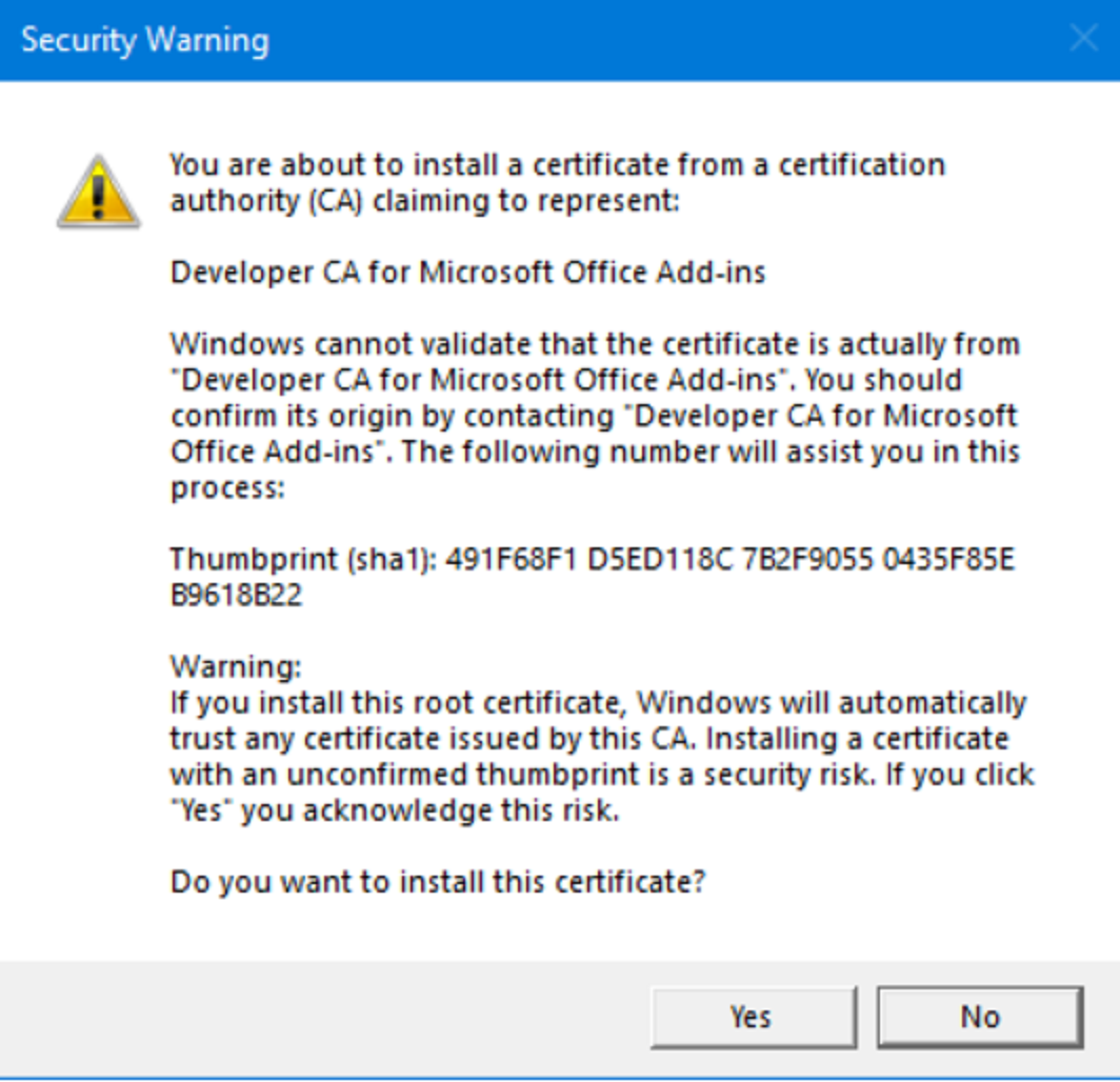 Screenshot of a dialog that warns about the SSL certificate and asks user to accept or deny installation of it.