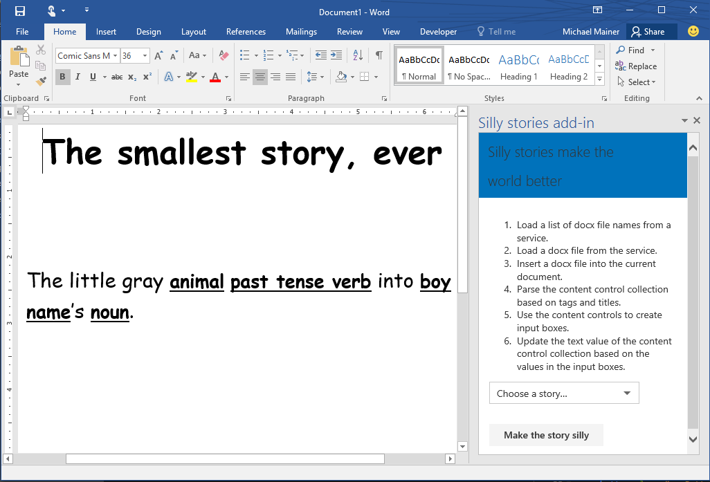 Picture of the Word application with the Silly stories add-in loaded