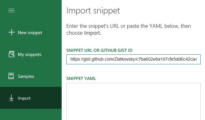 Import tab within the "Hamburger" menu showing a text box to import a URL, GitHub gist ID, or snippet YAML