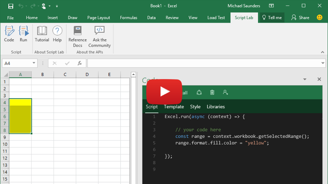 Script Lab teaser video showing Script Lab being used in Excel to make charts, Word, and Powerpoint Online.