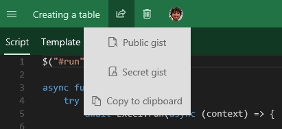 Share menu with dropdown options: public gist, secret gist, or copy to clipboard