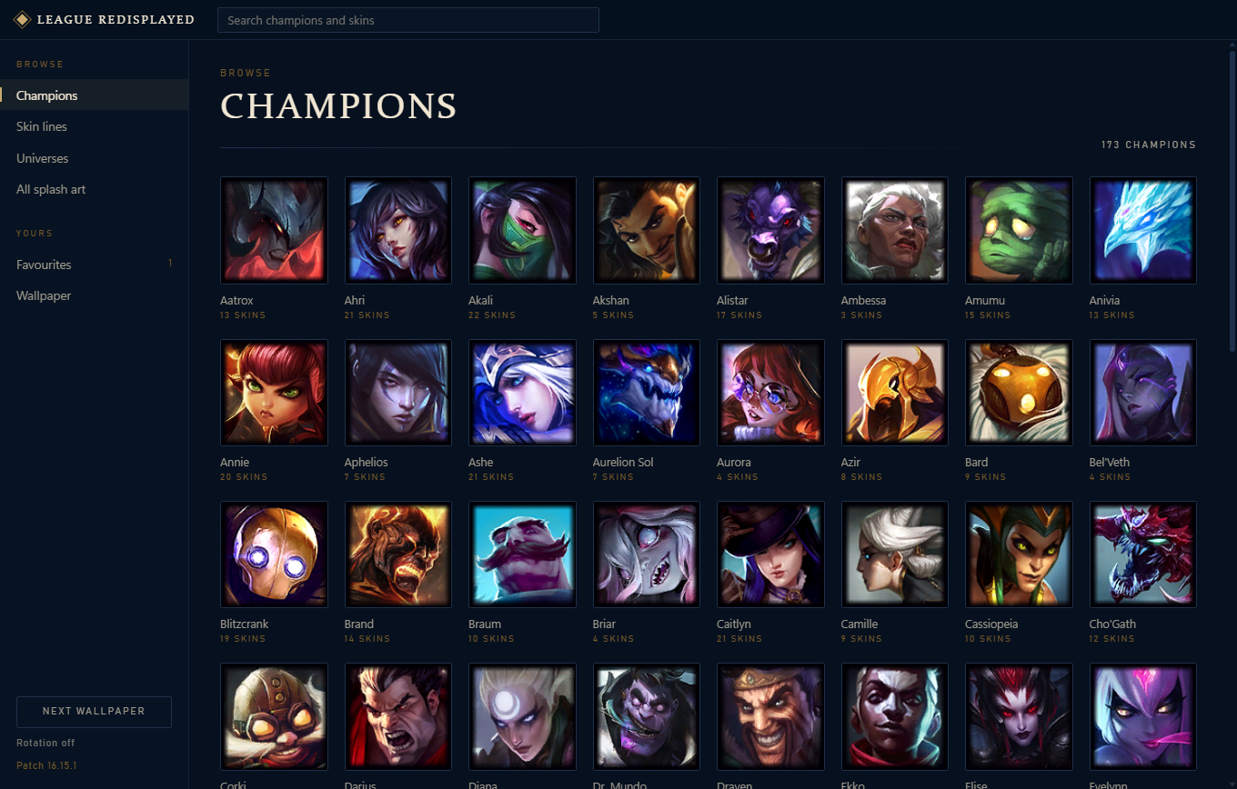 League Redisplayed champion browser