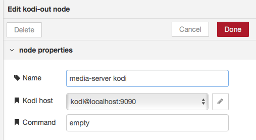 Node-RED kodi connection config