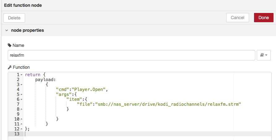 Node-RED kodi play stream command example