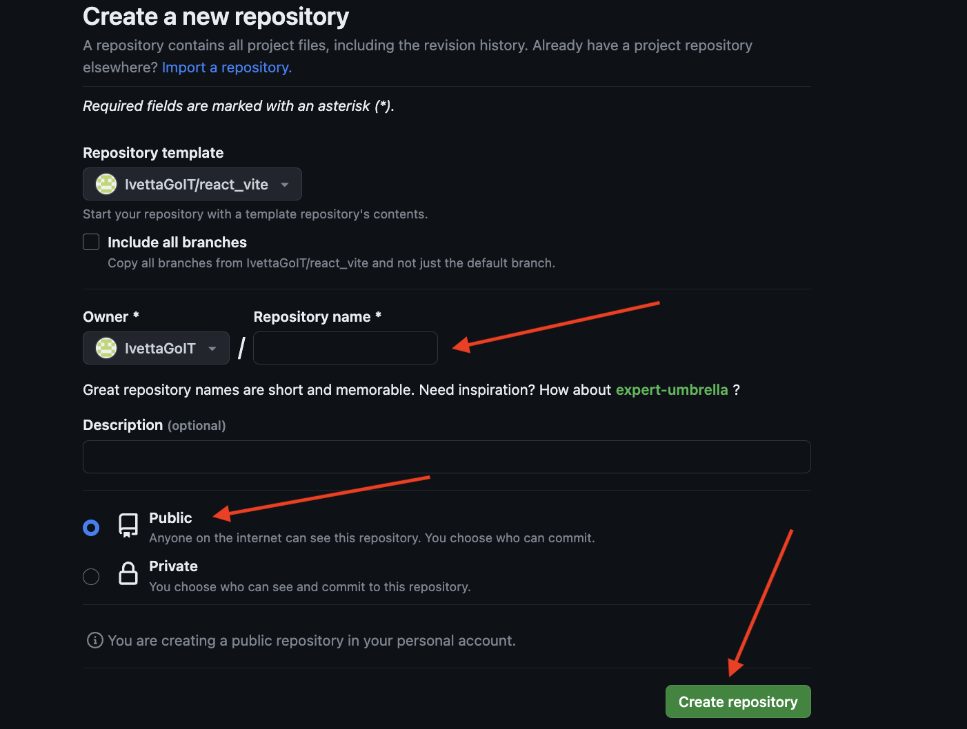 Creating repo from a template step 2