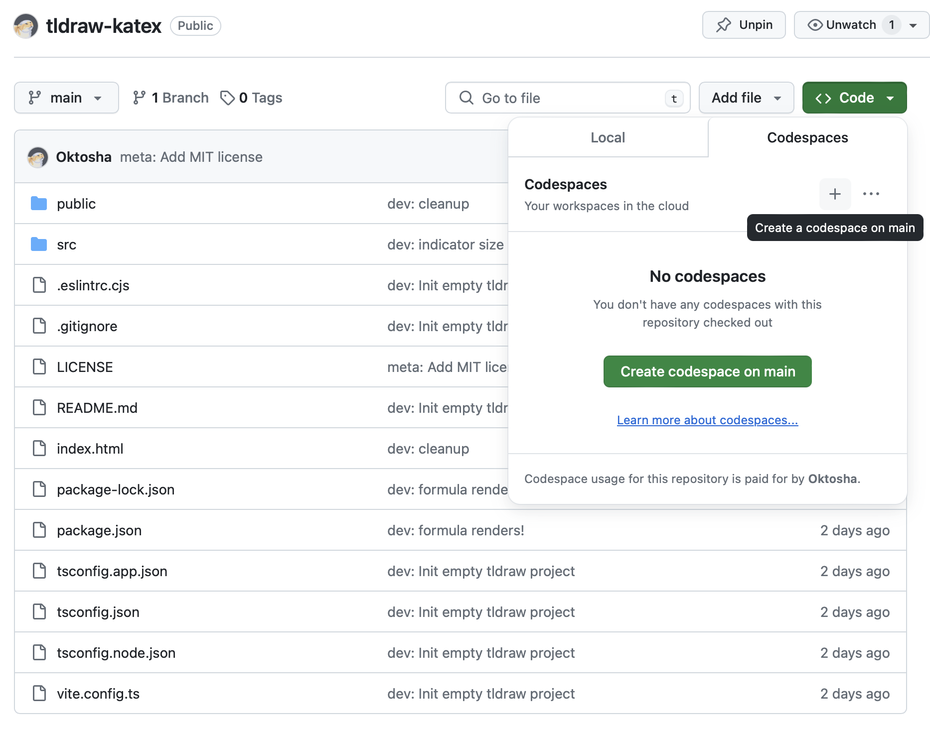 Create codespace interface screenshot