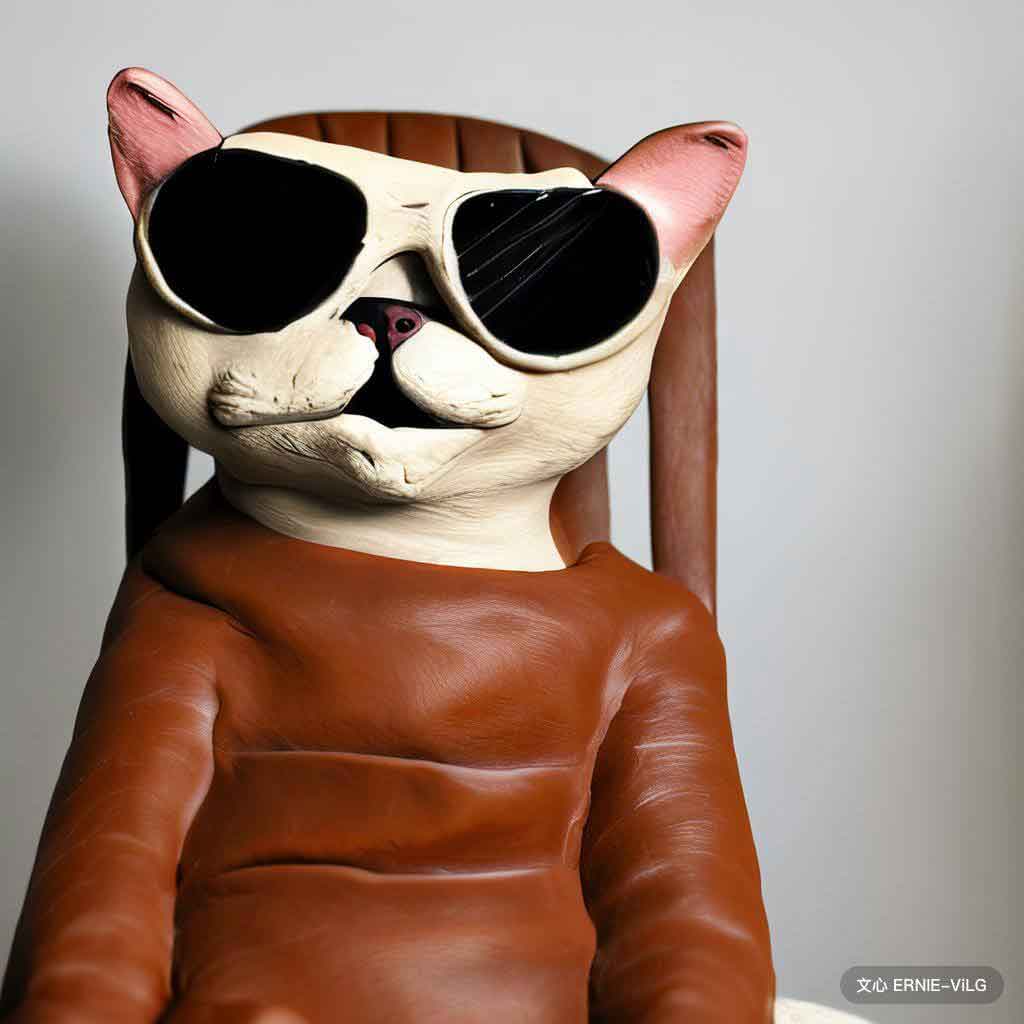 一只猫坐在椅子上，戴着一副墨镜, 泥塑风格