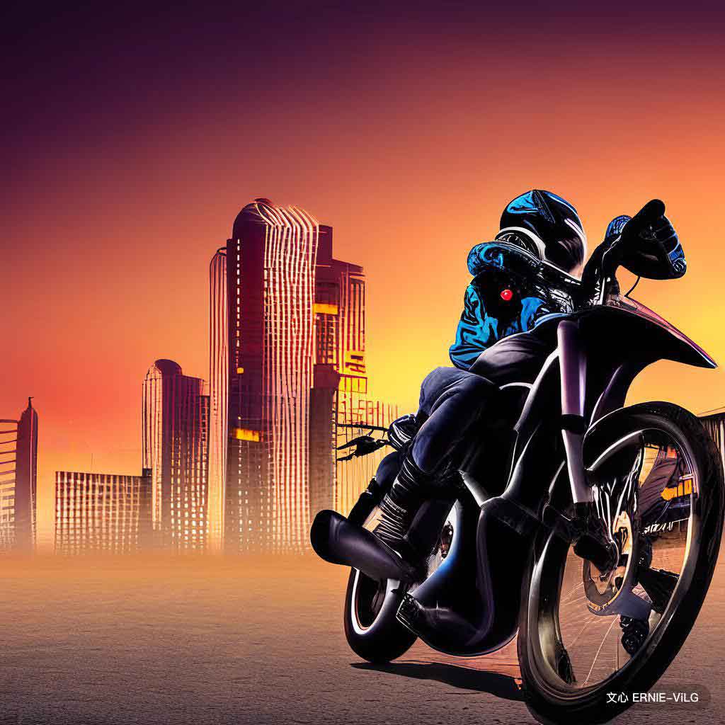 日落时的城市天际线,摩托车手风格