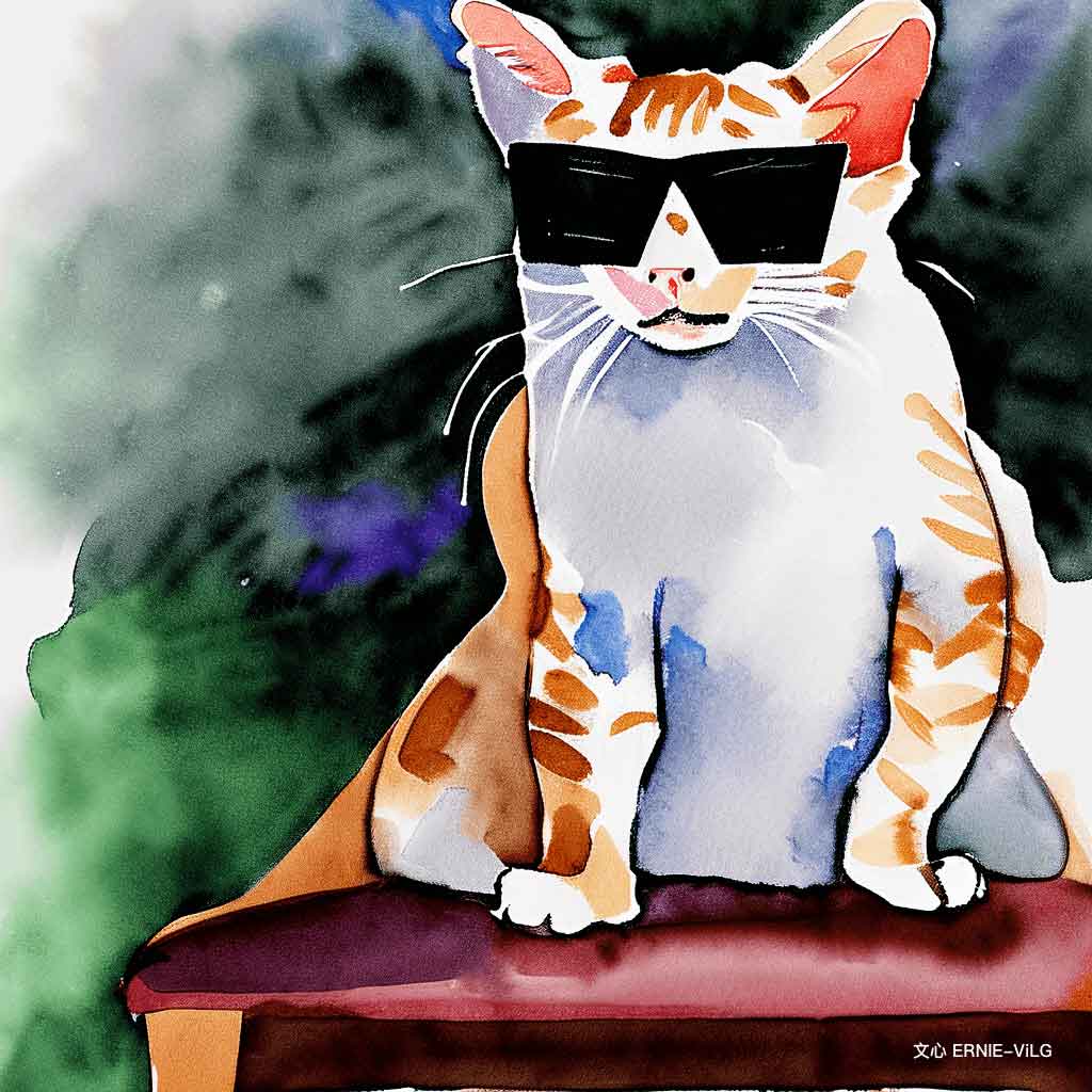 00280_004_一只猫坐在椅子上，戴着一副墨镜, 水彩墨风格