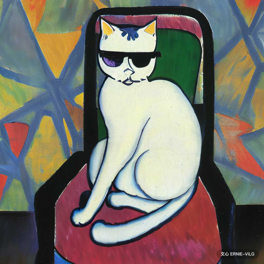 一只猫坐在椅子上，戴着一副墨镜,风格：后印象主义