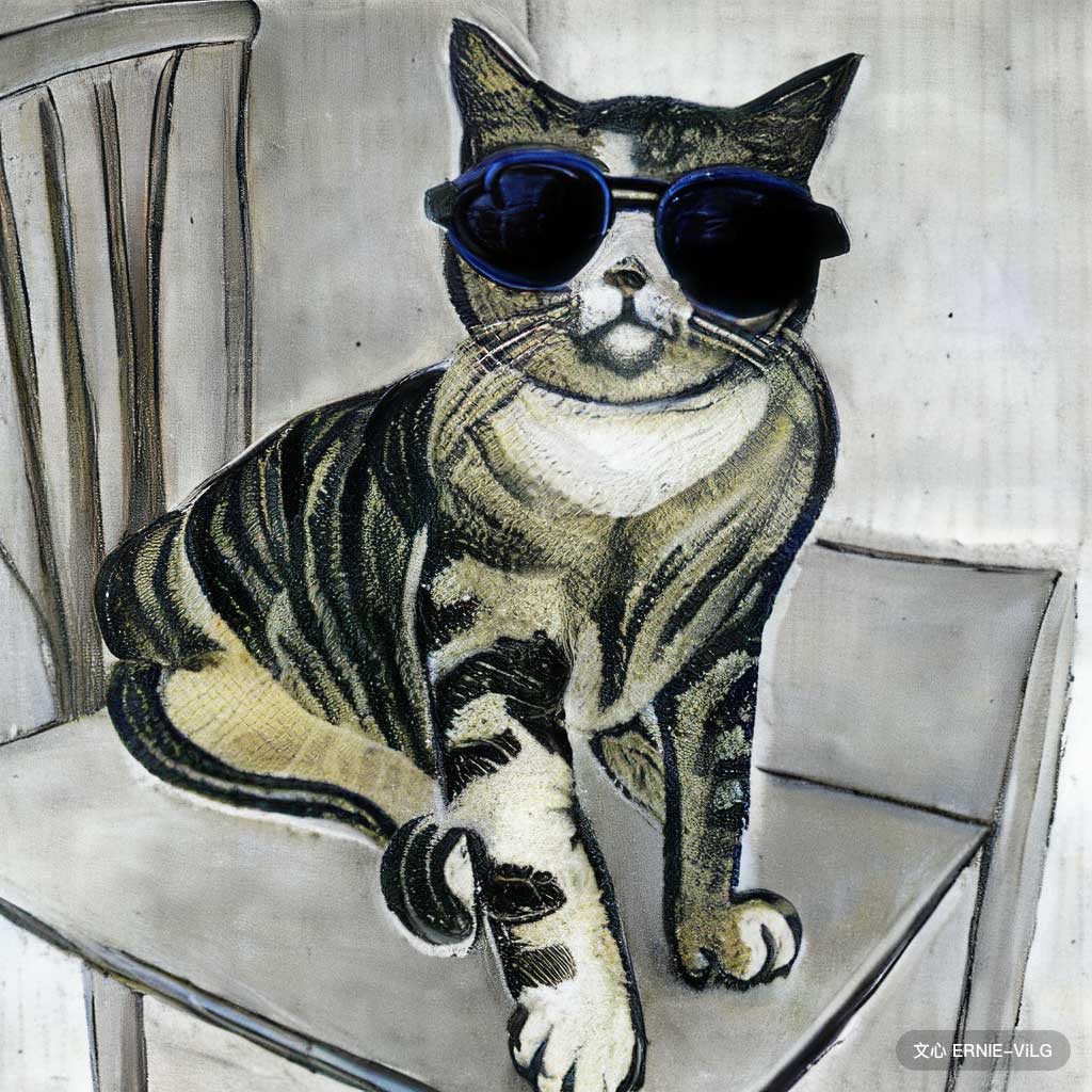 一只猫坐在椅子上，戴着一副墨镜,风格：素人主义