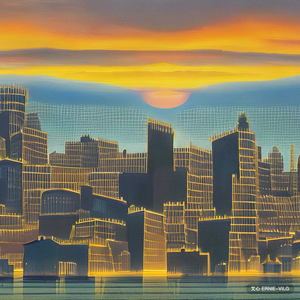 日落时的城市天际线,风格：素人艺术