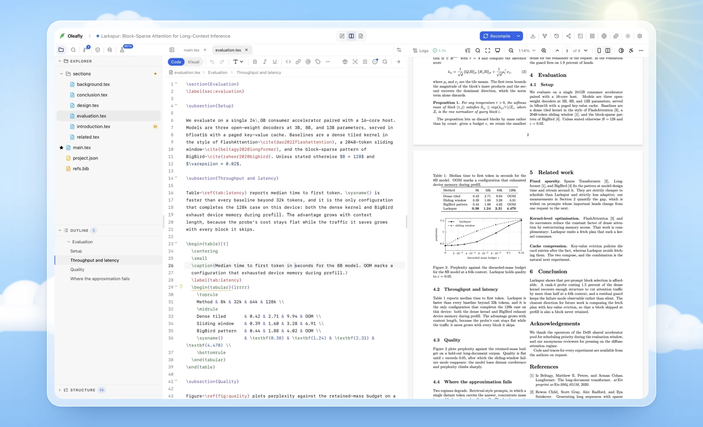 A LaTeX paper open in Oleafly, with the project files, the source and the compiled PDF side by side