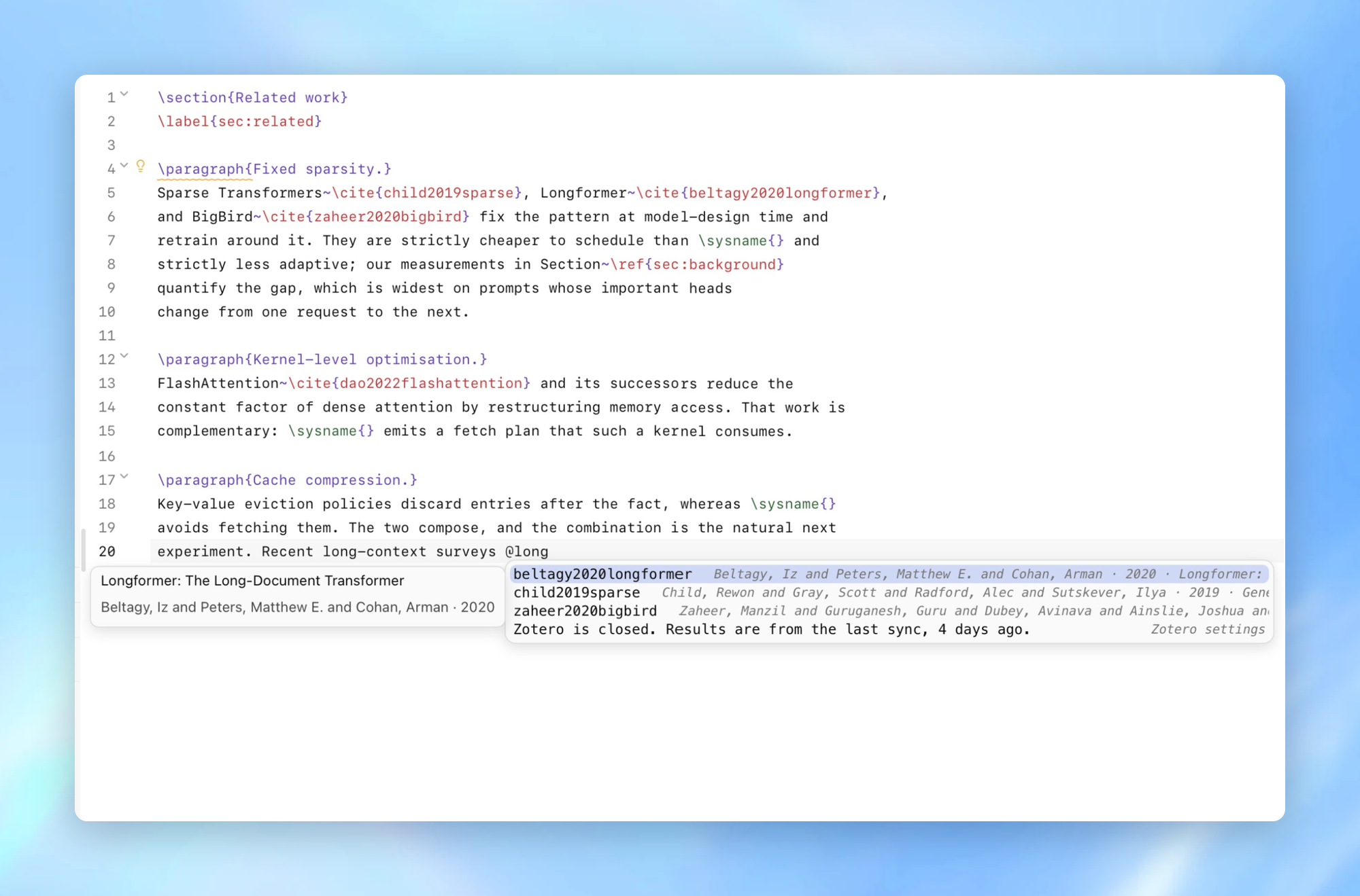 Citing a Zotero entry by typing @ in the Oleafly editor