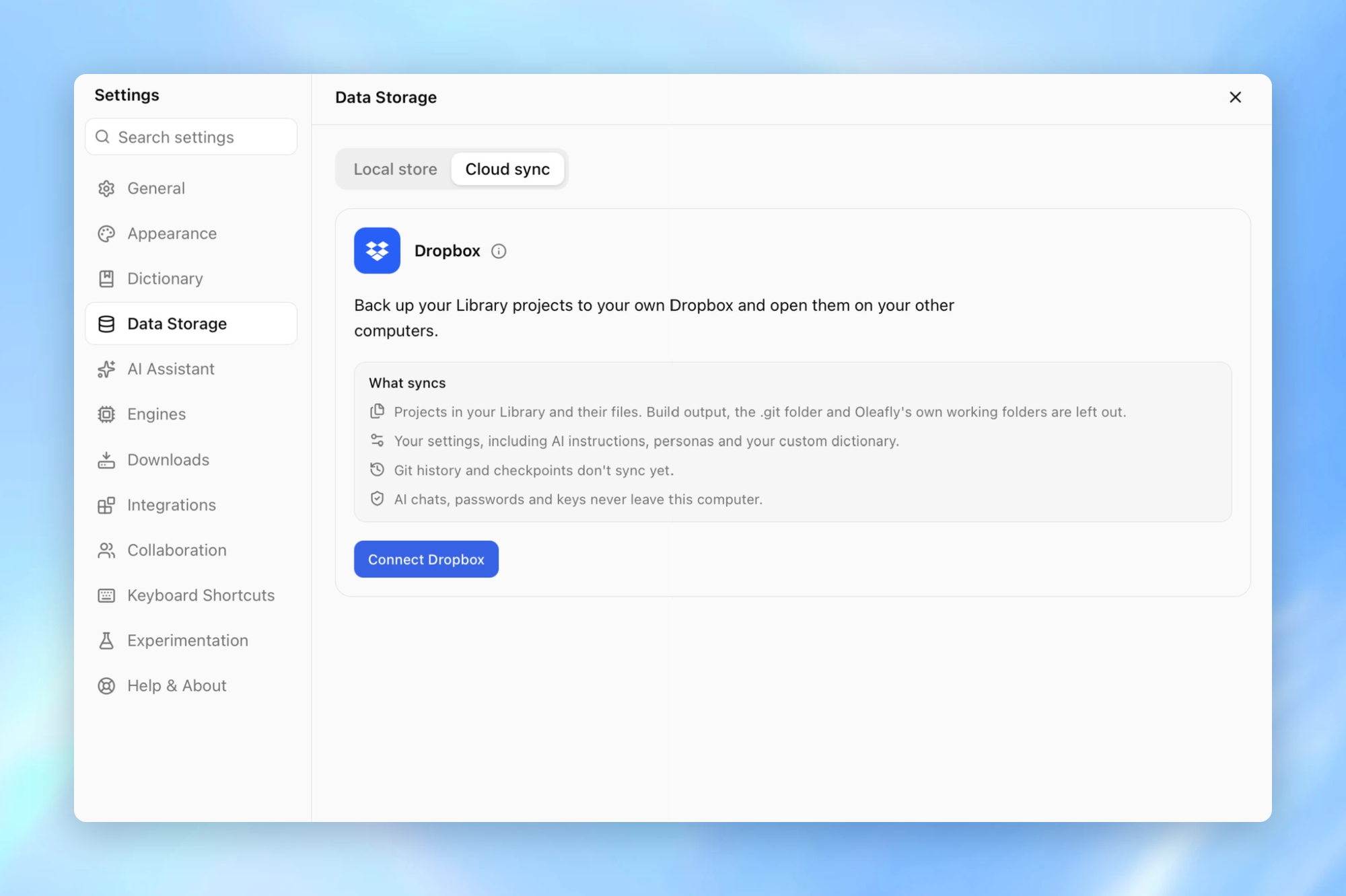 Oleafly Cloud sync settings with the Dropbox card and a list of what syncs