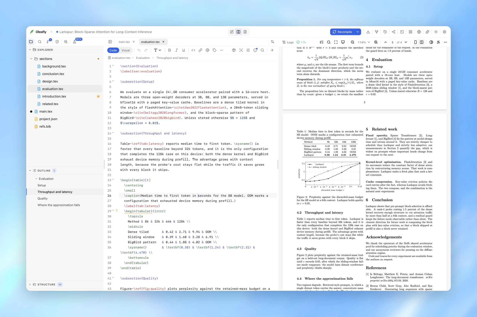 Oleafly source editor and compiled PDF side by side, with a compile diagnostic linked to its source line
