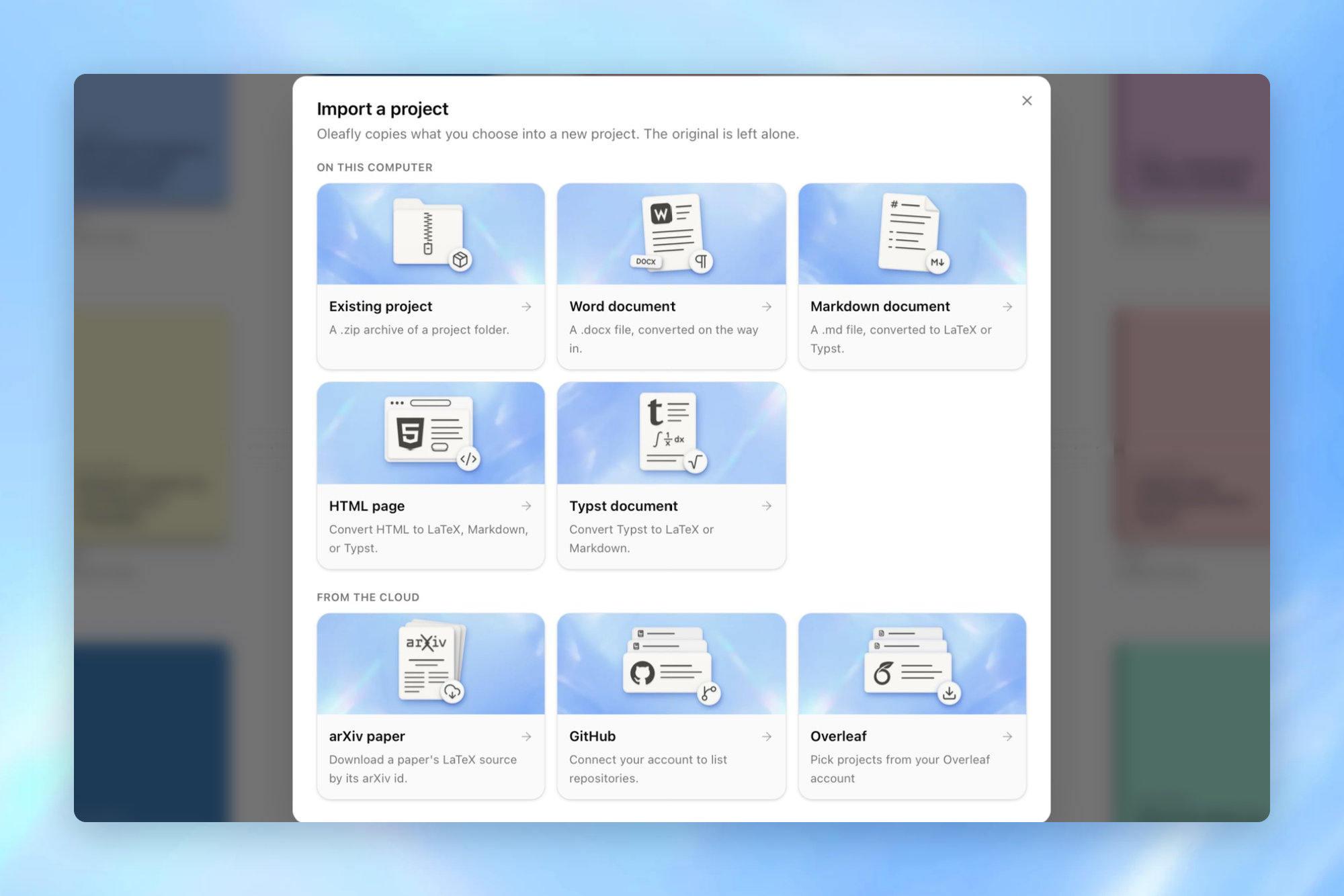 Oleafly Import a project dialog with options for local files, arXiv, GitHub and an online LaTeX account