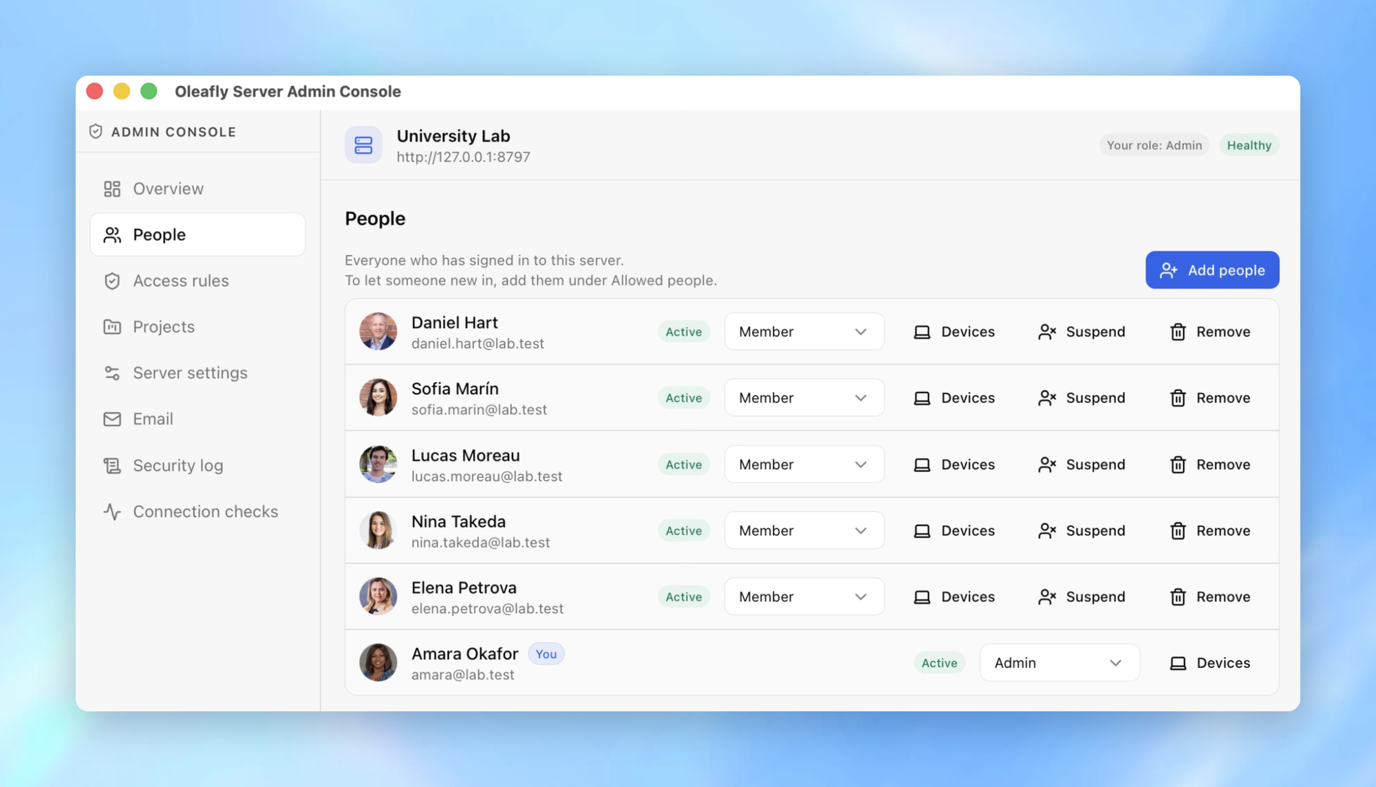 Oleafly Server admin console showing people, access rules and the security log