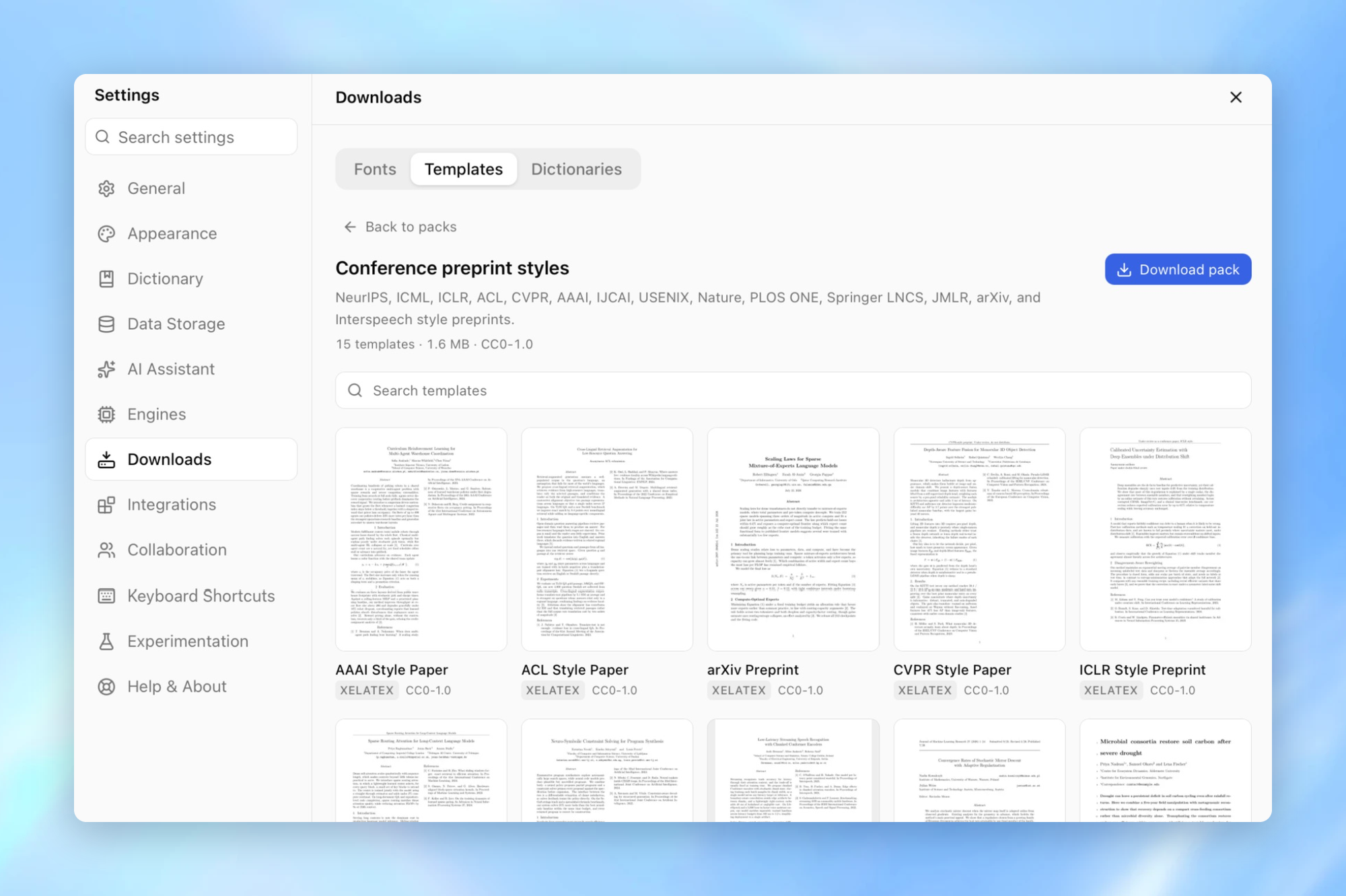 Oleafly template gallery with rendered previews of papers, theses and slides