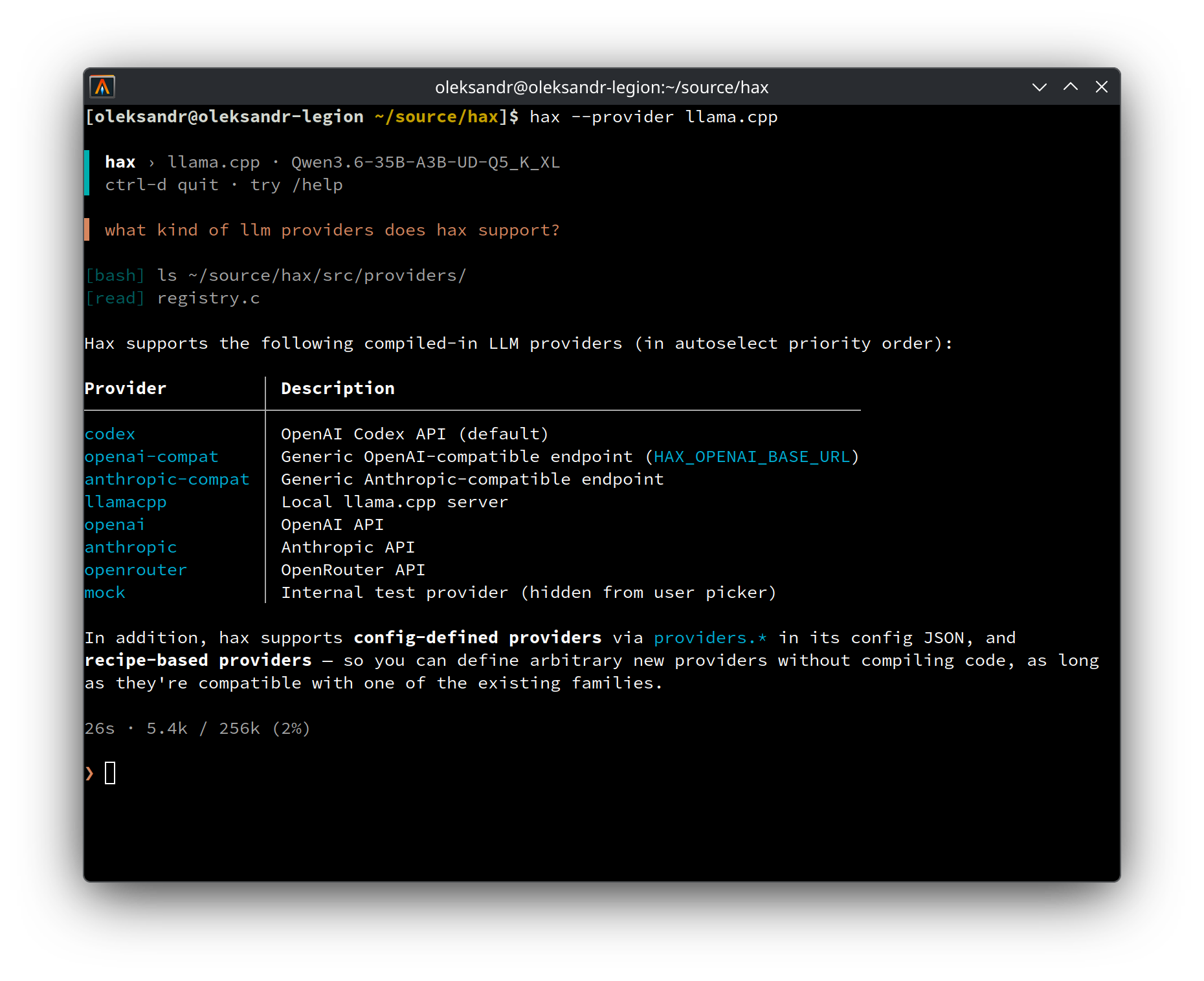 hax answering a question about its own source using a local llama.cpp model