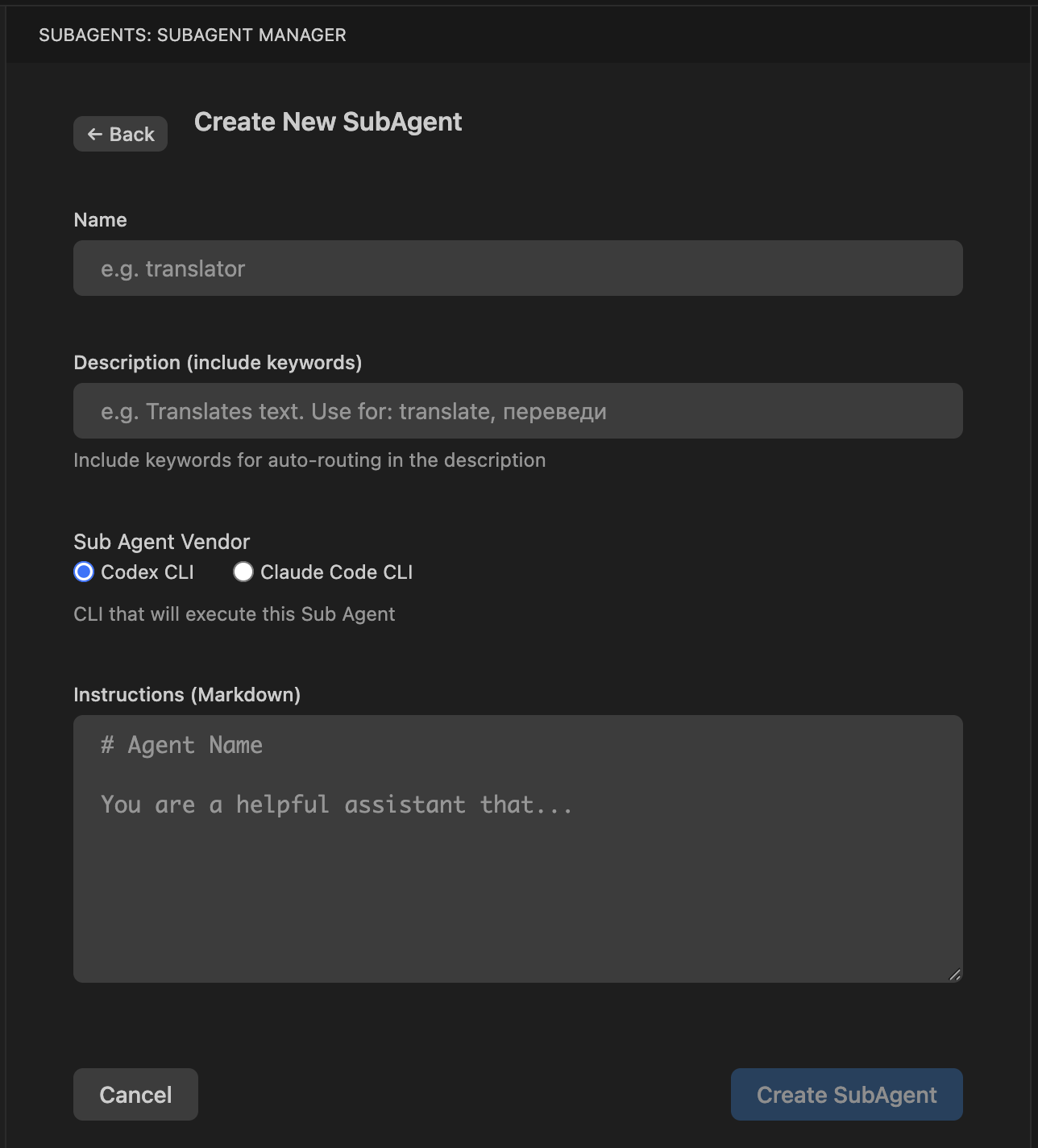 Create SubAgent UI