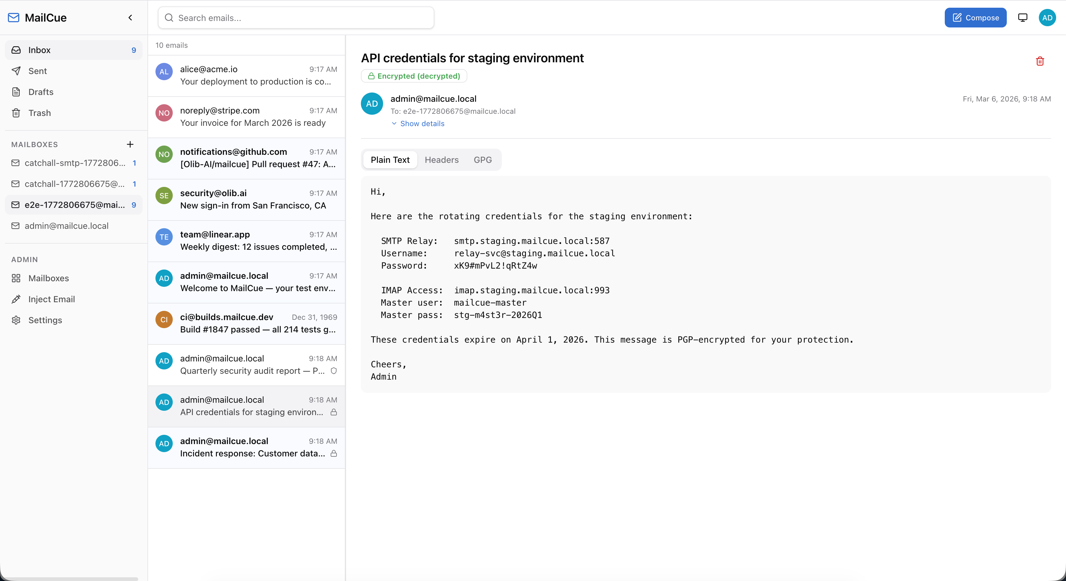 MailCue displaying a PGP-encrypted email with credentials