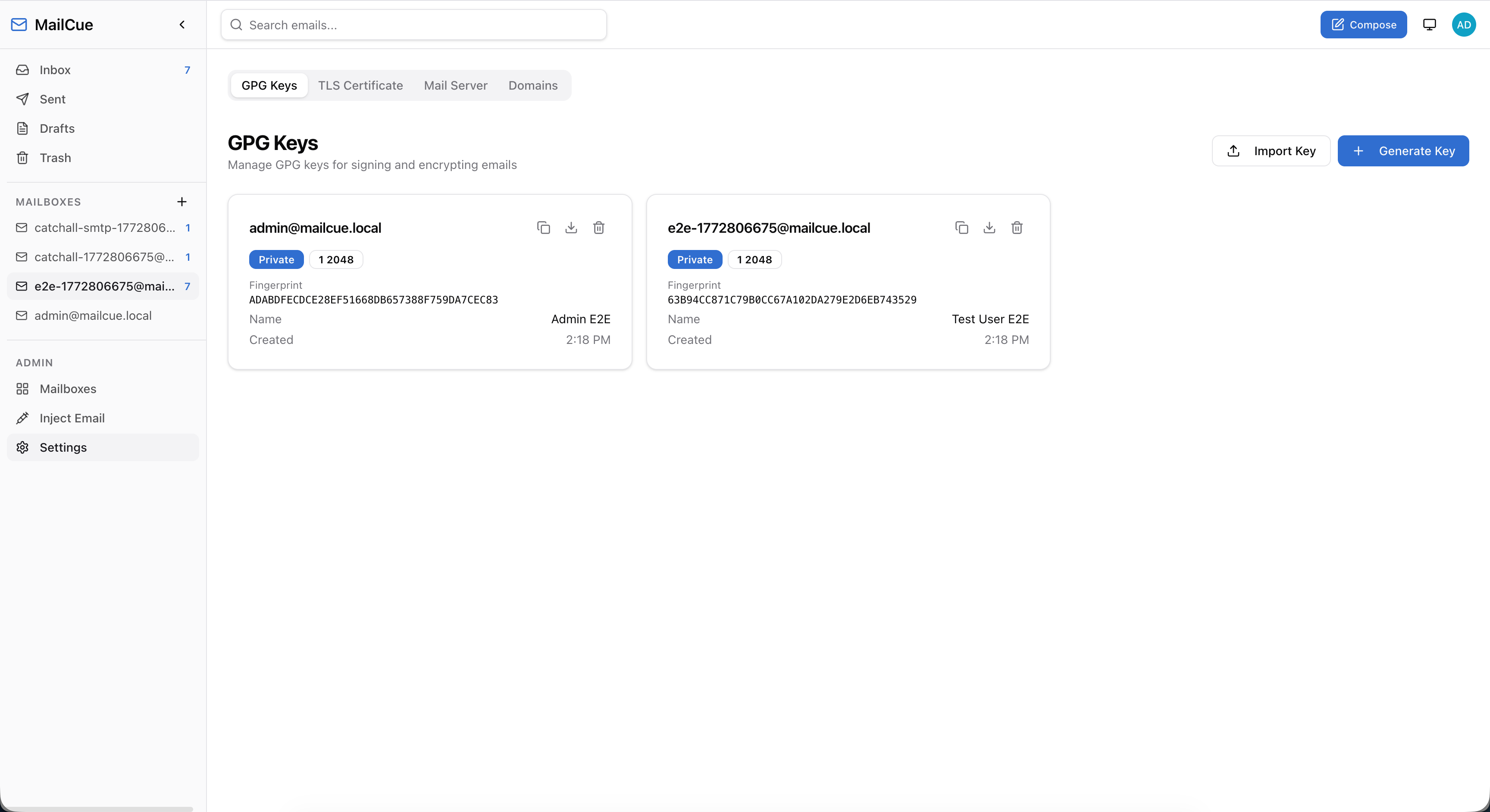 MailCue settings page with GPG keys, TLS certificate, mail server, and domain management tabs