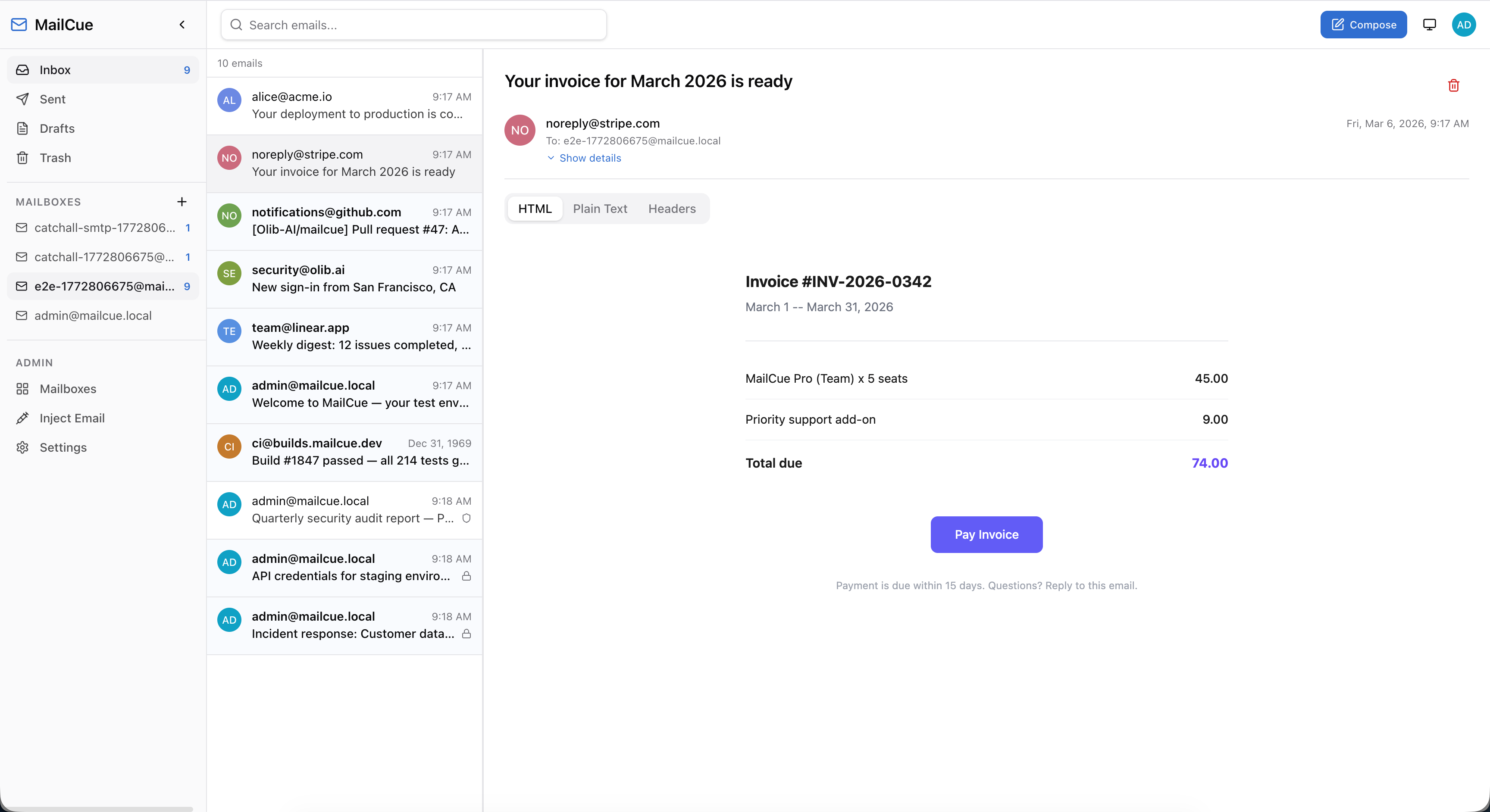MailCue inbox showing a rich HTML invoice email
