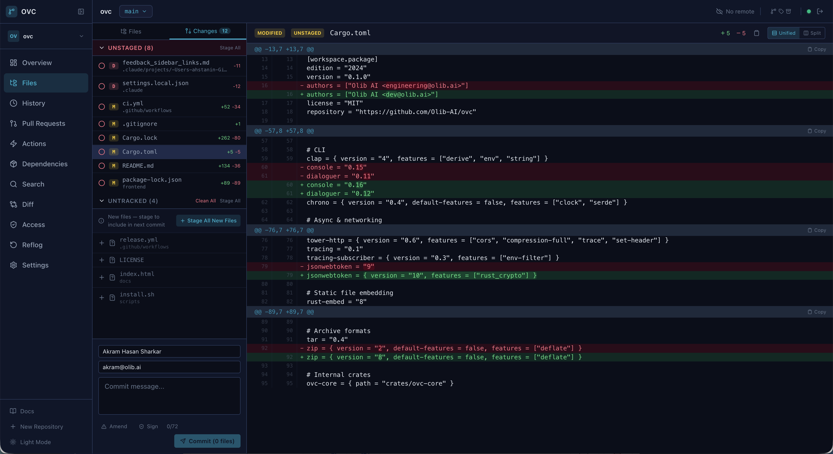 Staged changes and diff viewer