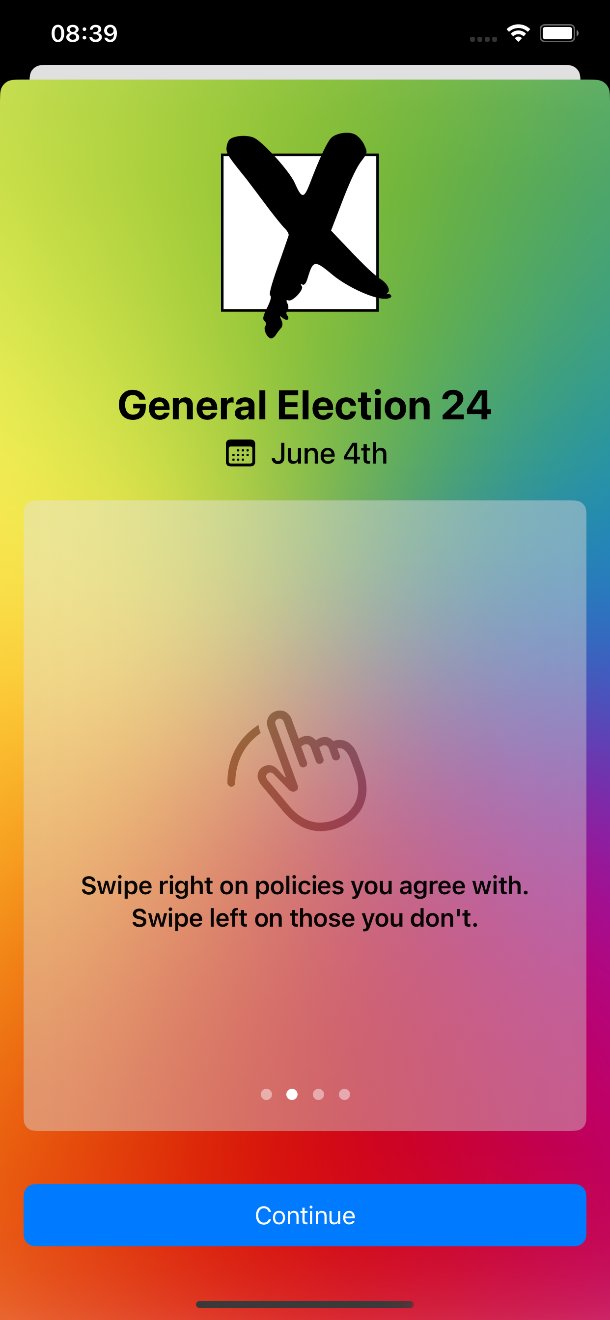 Onboarding screenshot from General Election app