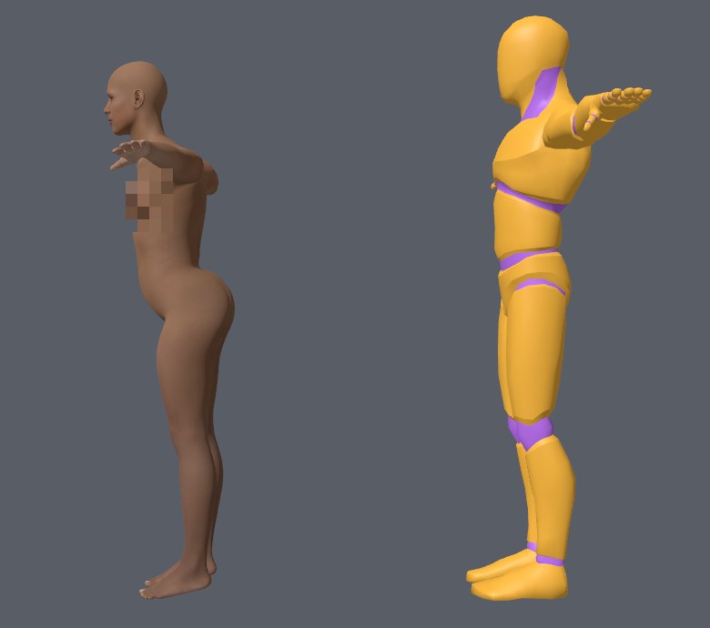 錯誤示範：開啟 fix silhouette 後 T-pose 參考動畫駝背扭曲