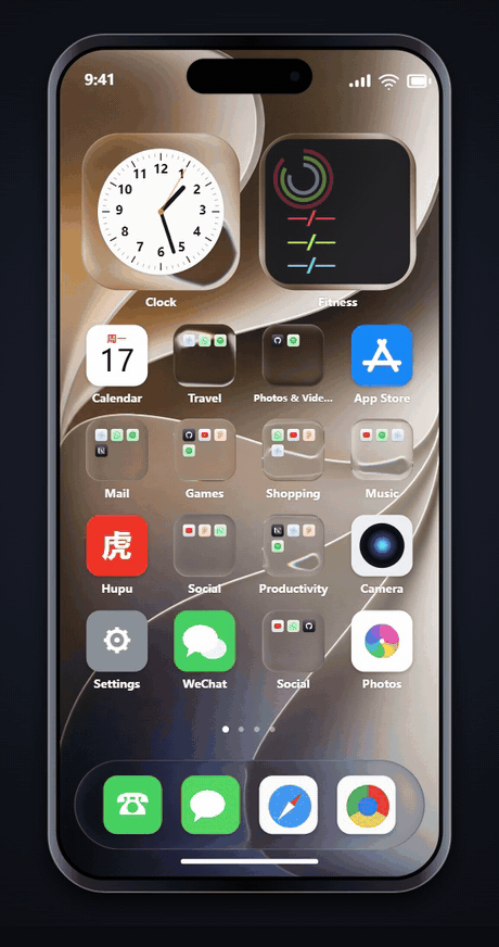 Swiping between two iPhone Home screen pages, folders and widgets rendered as liquid glass