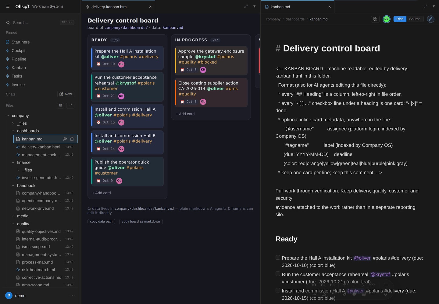 A delivery board beside the markdown file it is stored in