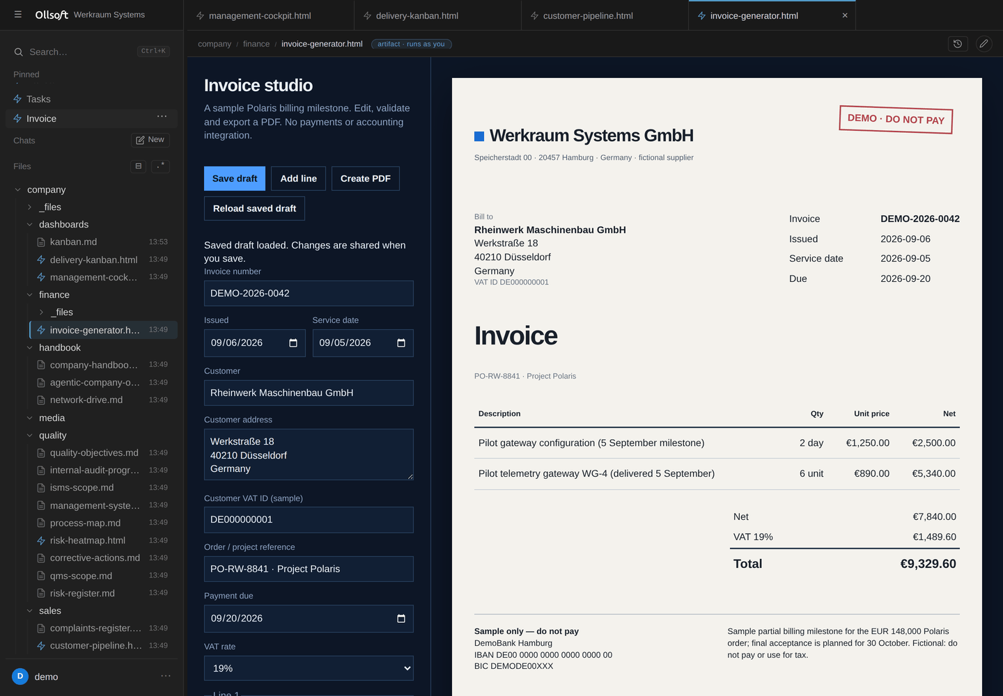 An invoice generator producing a PDF into the finance folder