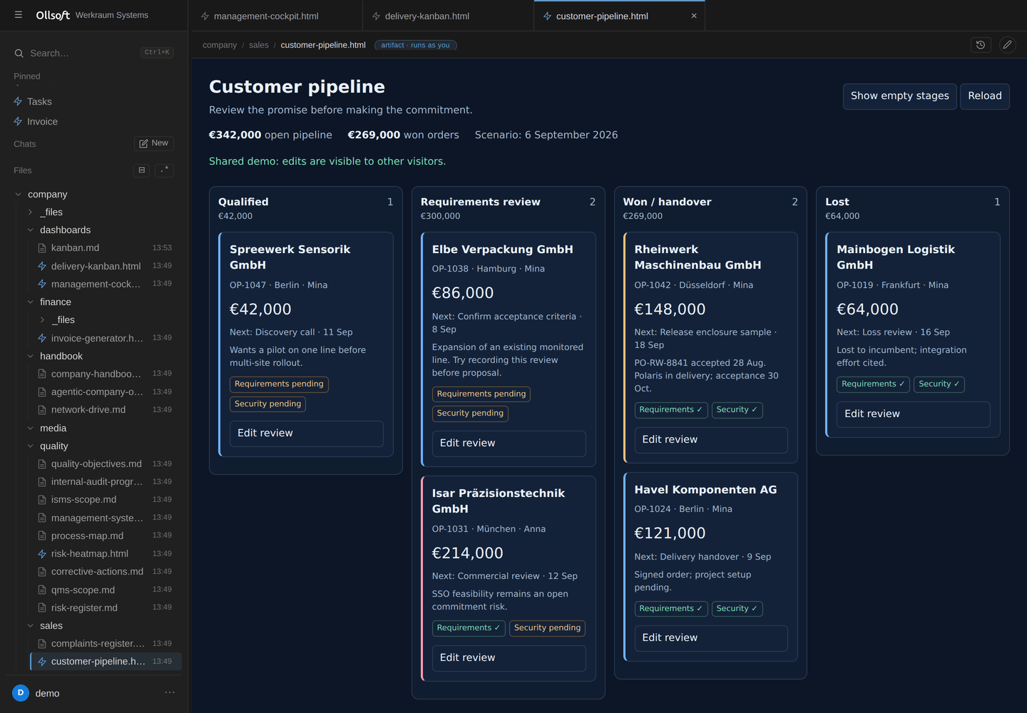 A customer pipeline running as a small app beside the documents