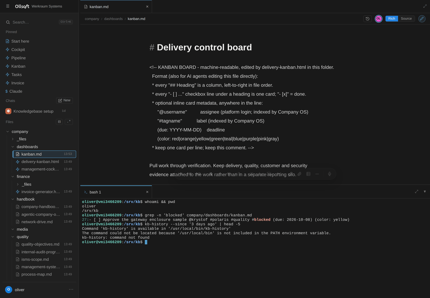 A shell in the browser, running as the signed-in Linux user