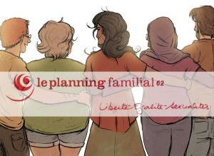 Bannière du Planning Familial 62, 5 personnes sont dessinée de dos, chacunes avec un bras sur l'épaule de la personnes à côté d'elle. Il est écrit "Le Planning familial 62, liberté égalité sexualité"