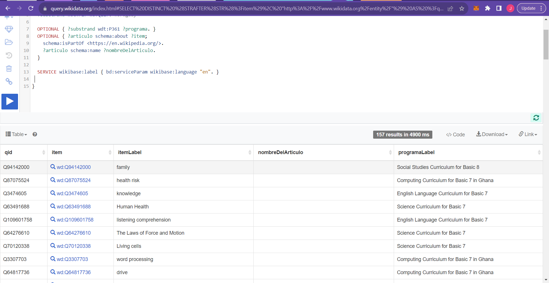 Execute Ghana Curriculum Wikidata Query