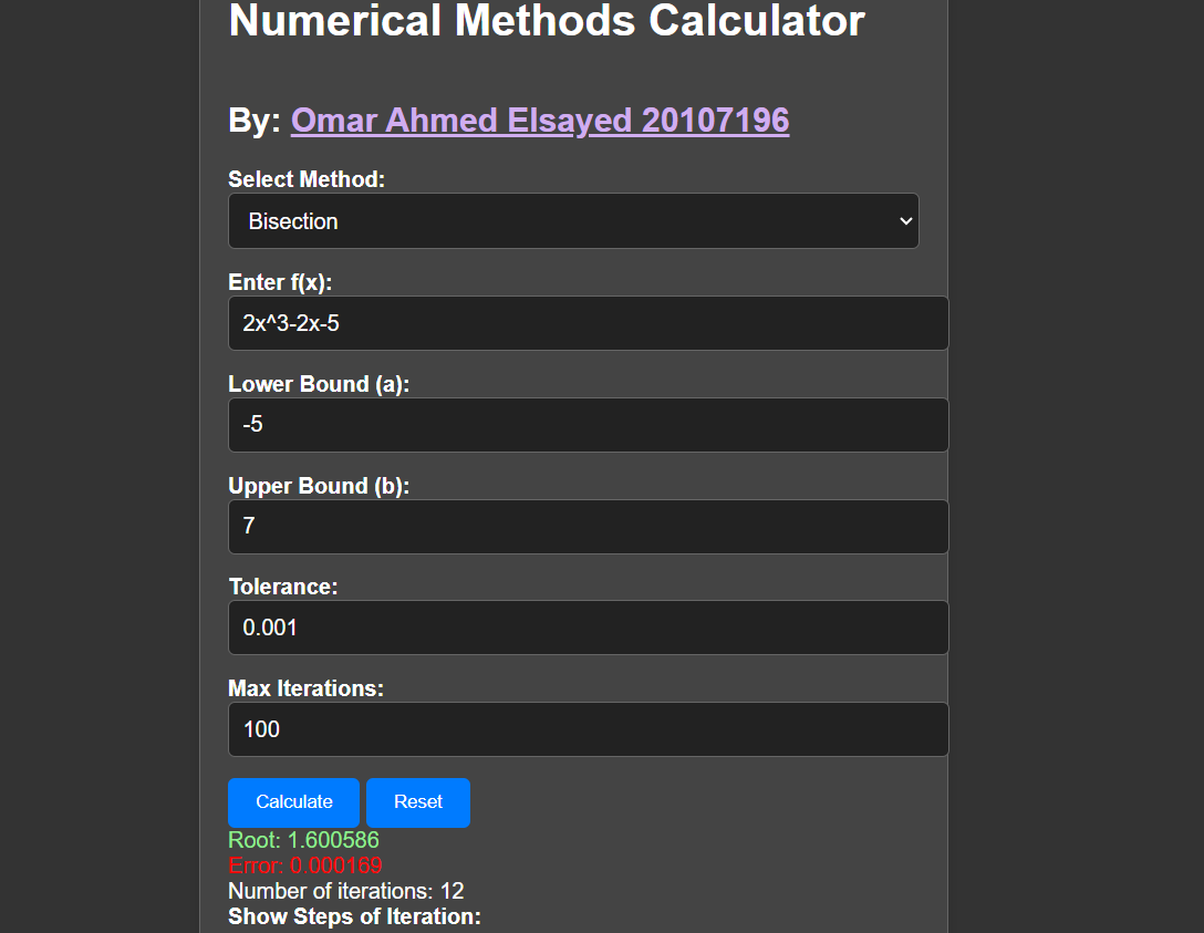 Numerical Methods Calculator Screenshot